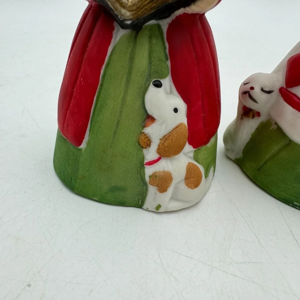 Set 2 Vintage Jasco Christmas Girls Caroler dog Cat Book Porcelain Bell figurine